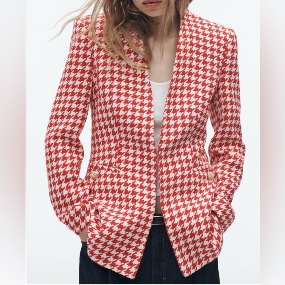 Zara Red and White Houndstooth Blazer Tailored Fit
